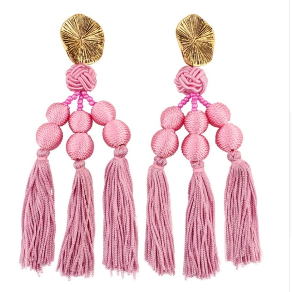 NEW Gold Pink Pearl Tassel Long Ball Earrings - Picture 2 of 2